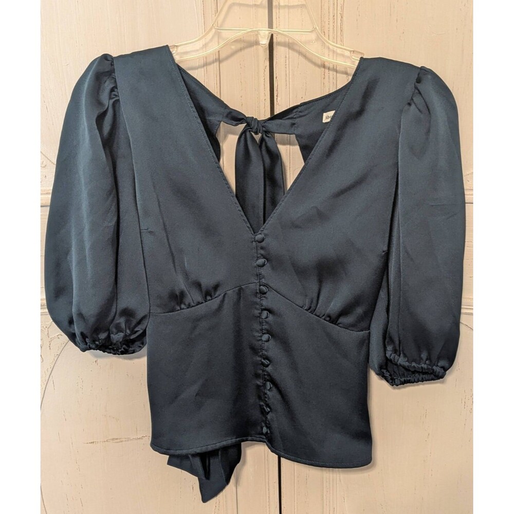 Abercrombie & Fitch Blue Silk Satin V-neck Puff Sleeve Tie Back Blouse Top Sz S